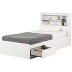Lit HomeStock de 101,6 cm de hauteur, taille double, blanc, avec bibliothèque intégrée, en panneaux de particules
