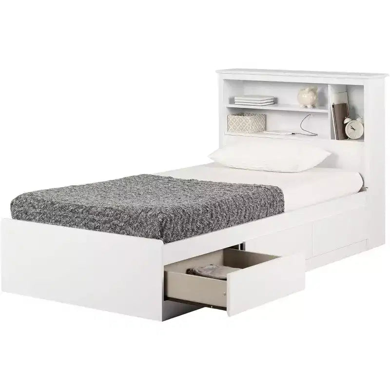 Lit HomeStock de 101,6 cm de hauteur, taille double, blanc, avec bibliothèque intégrée, en panneaux de particules