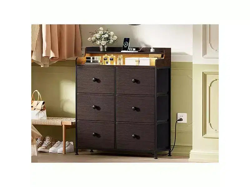 Commode Hausource à 6 tiroirs avec station de charge, lumières LED, grande commode de rangement avec plateau en bois