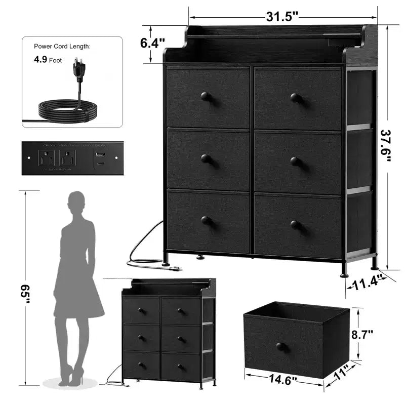 Commode Hausource à 6 tiroirs avec station de charge, lumières LED, grande commode de rangement avec plateau en bois