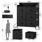 Commode Hausource à 6 tiroirs avec station de charge, lumières LED, grande commode de rangement avec plateau en bois