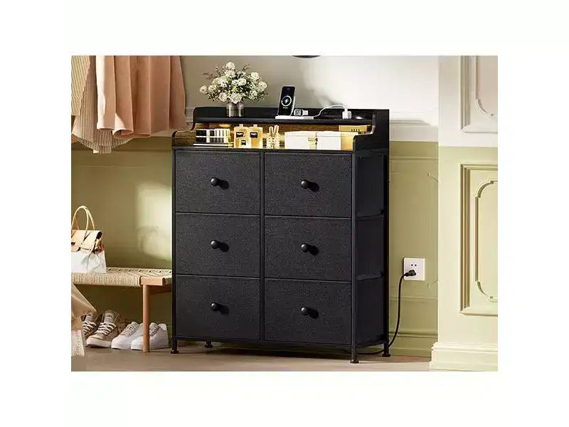Commode Hausource à 6 tiroirs avec station de charge, lumières LED, grande commode de rangement avec plateau en bois
