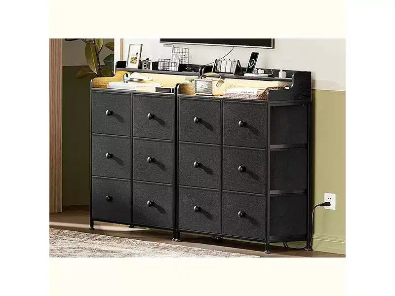Commode Hausource à 6 tiroirs avec station de charge, lumières LED, grande commode de rangement avec plateau en bois