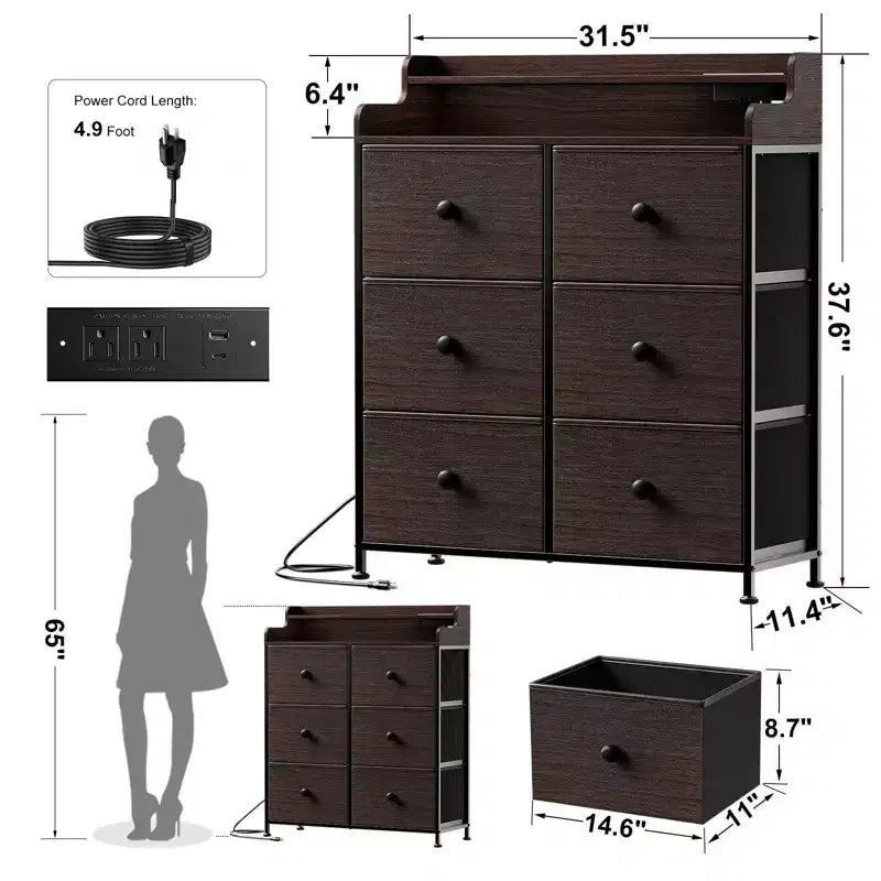 Commode Hausource à 6 tiroirs avec station de charge, lumières LED, grande commode de rangement avec plateau en bois