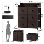 Commode Hausource à 6 tiroirs avec station de charge, lumières LED, grande commode de rangement avec plateau en bois