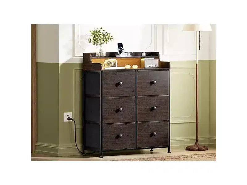 Commode Hausource à 6 tiroirs avec station de charge, lumières LED, grande commode de rangement avec plateau en bois