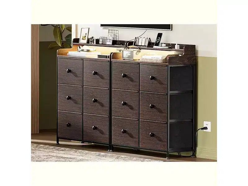 Commode Hausource à 6 tiroirs avec station de charge, lumières LED, grande commode de rangement avec plateau en bois