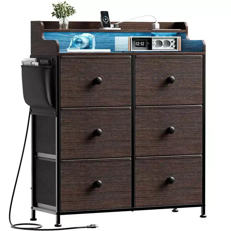 Commode Hausource à 6 tiroirs avec station de charge, lumières LED, grande commode de rangement avec plateau en bois