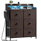 Commode Hausource à 6 tiroirs avec station de charge, lumières LED, grande commode de rangement avec plateau en bois