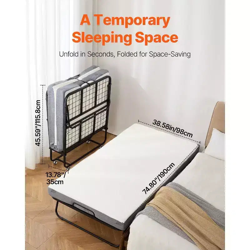 VEVOR Rollaway Bed, 38 in x 75 in Folding Bed with 5 in Mattress, Twin Size Foldable Bed with Sturdy Metal Frame & Memory Foam Mattress