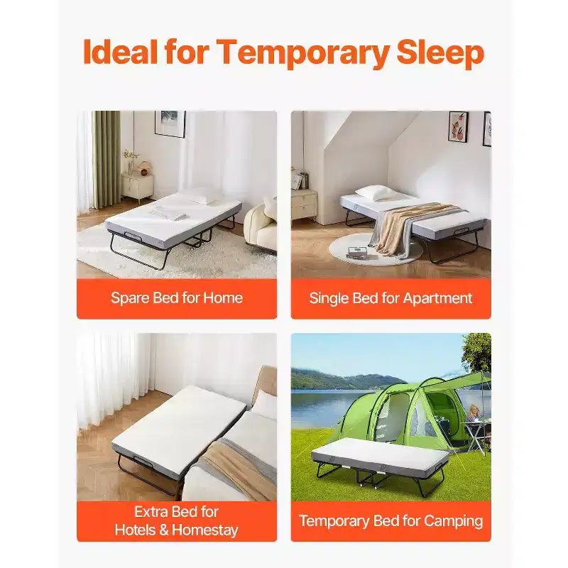 VEVOR Rollaway Bed, 38 in x 75 in Folding Bed with 5 in Mattress, Twin Size Foldable Bed with Sturdy Metal Frame & Memory Foam Mattress
