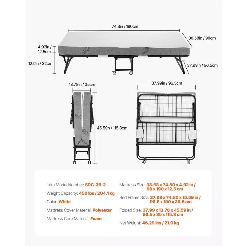 VEVOR Rollaway Bed, 38 in x 75 in Folding Bed with 5 in Mattress, Twin Size Foldable Bed with Sturdy Metal Frame & Memory Foam Mattress