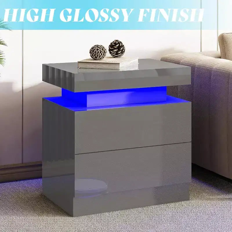 AMERLIFE High Gloss LED Nightstand Set of 2 with Charging Station