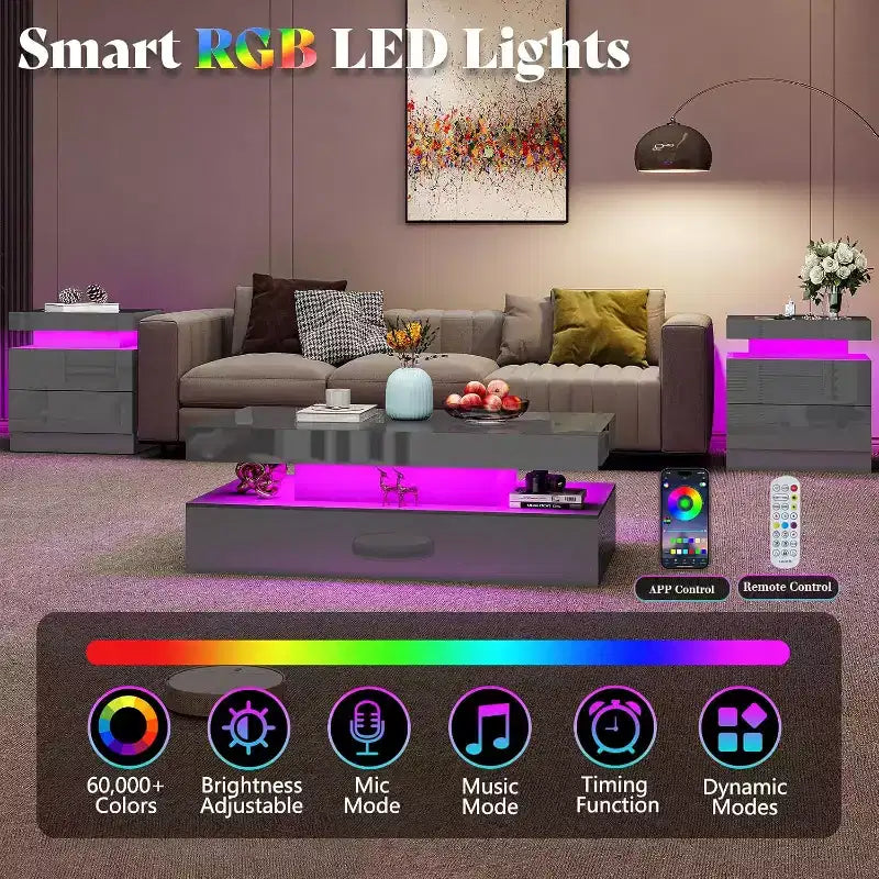 AMERLIFE High Gloss LED Nightstand Set of 2 with Charging Station
