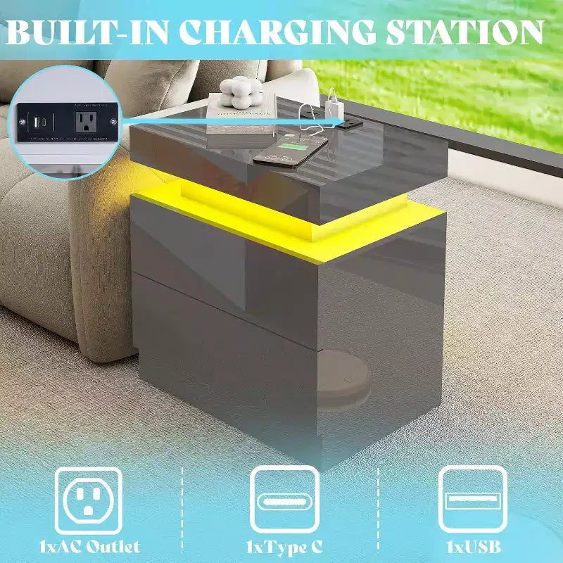 AMERLIFE High Gloss LED Nightstand Set of 2 with Charging Station