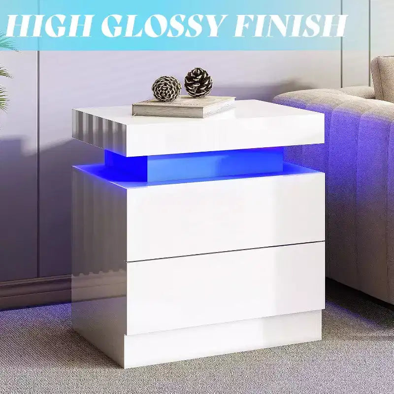 AMERLIFE High Gloss LED Nightstand Set of 2 with Charging Station