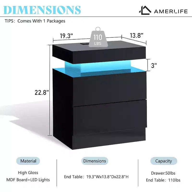 AMERLIFE High Gloss LED Nightstand Set of 2 with Charging Station