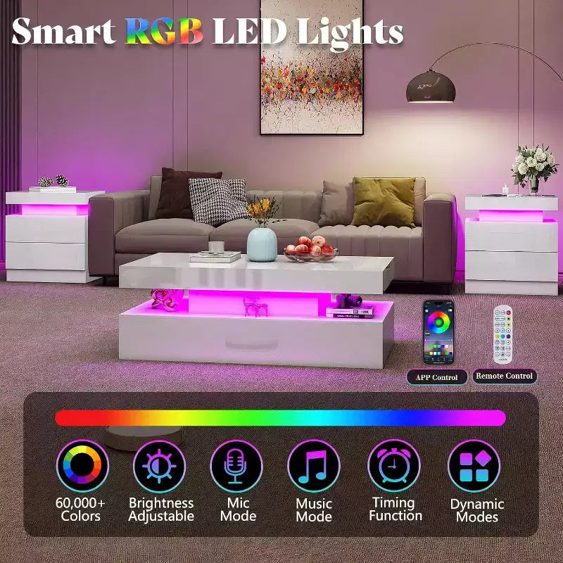 AMERLIFE High Gloss LED Nightstand Set of 2 with Charging Station