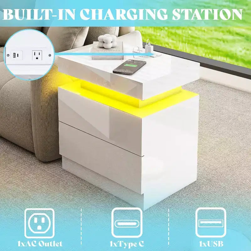 AMERLIFE High Gloss LED Nightstand Set of 2 with Charging Station
