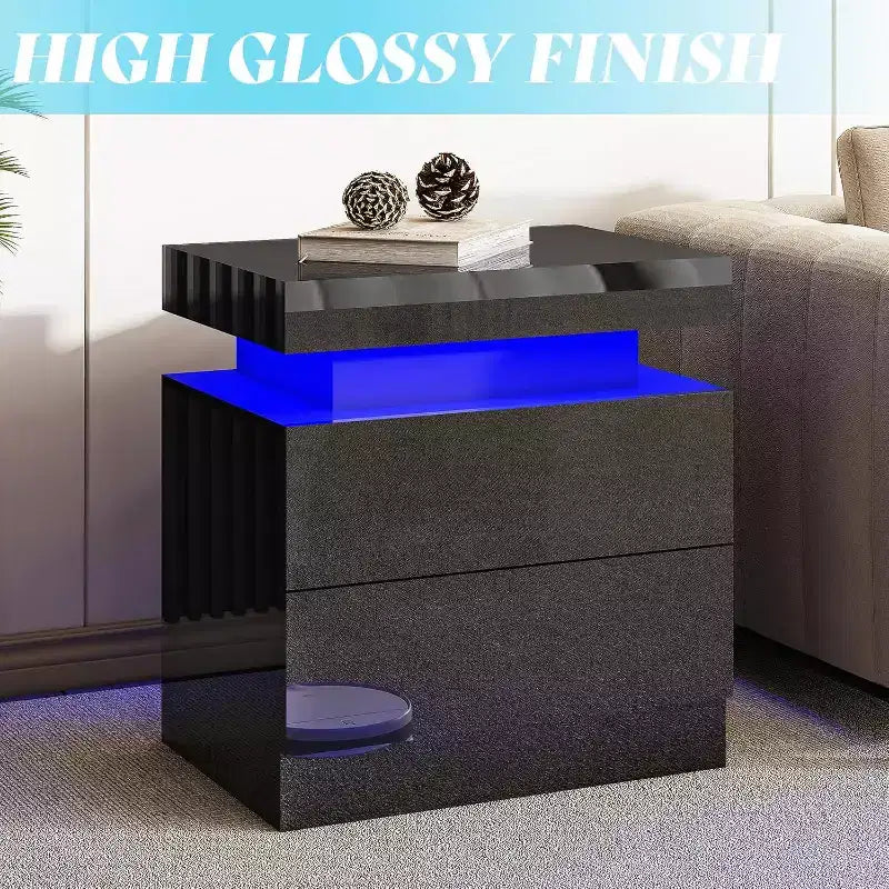 AMERLIFE High Gloss LED Nightstand Set of 2 with Charging Station