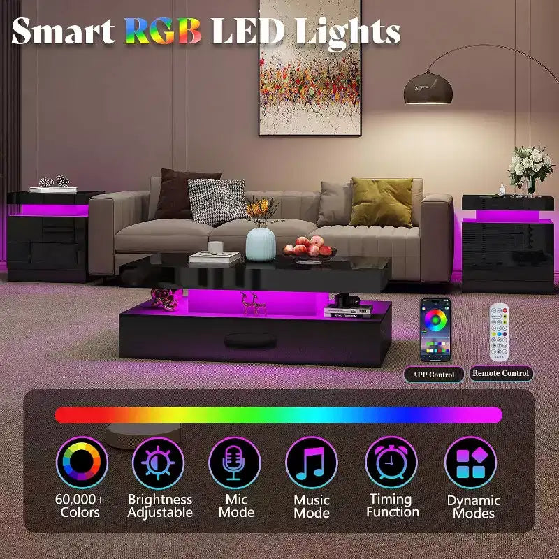 AMERLIFE High Gloss LED Nightstand Set of 2 with Charging Station