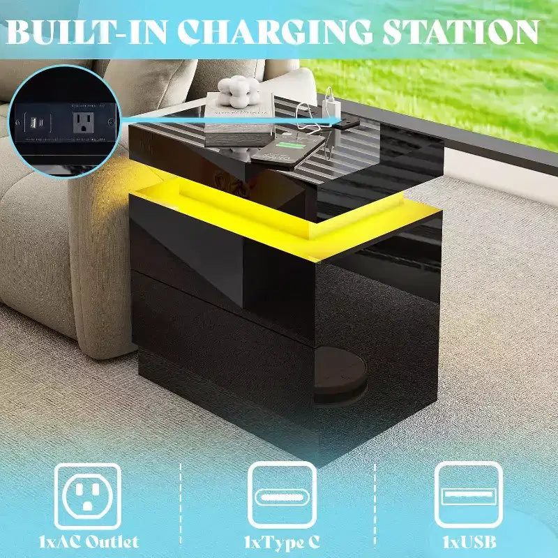 AMERLIFE High Gloss LED Nightstand Set of 2 with Charging Station