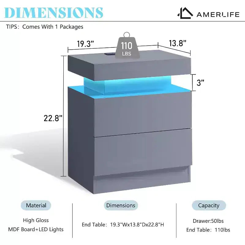 AMERLIFE High Gloss LED Nightstand Set of 2 with Charging Station