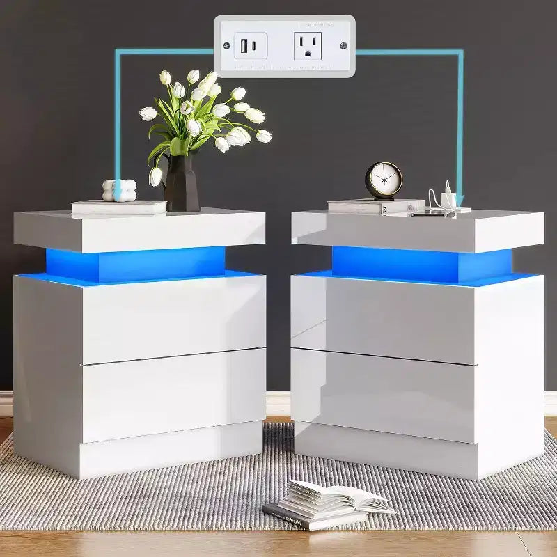 AMERLIFE High Gloss LED Nightstand Set of 2 with Charging Station