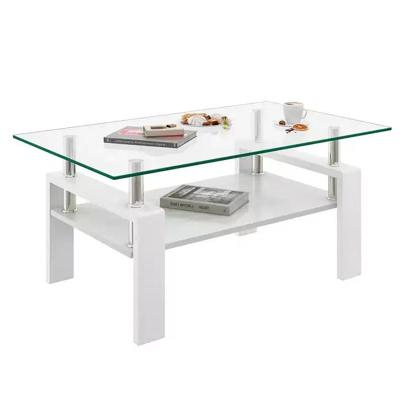 Rectangle Coffee Table, Tempered Glass Tabletop with MDF Layer, Modern Table for Living Room , Transparent Glass
