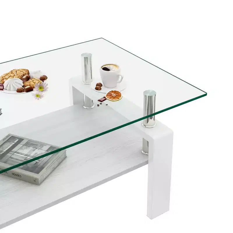 Rectangle Coffee Table, Tempered Glass Tabletop with MDF Layer, Modern Table for Living Room , Transparent Glass