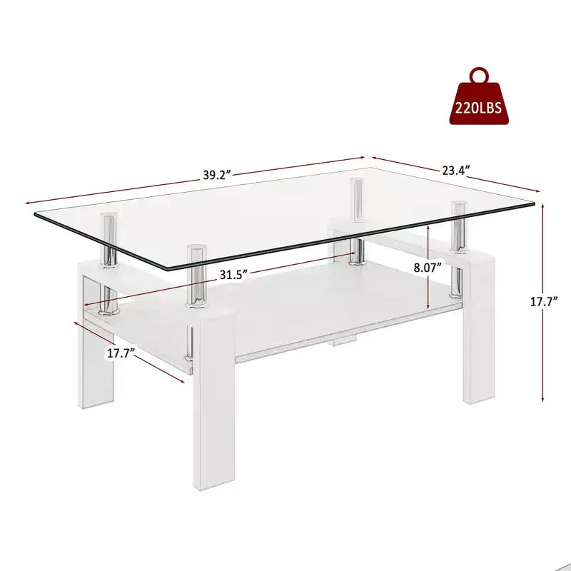 Rectangle Coffee Table, Tempered Glass Tabletop with MDF Layer, Modern Table for Living Room , Transparent Glass