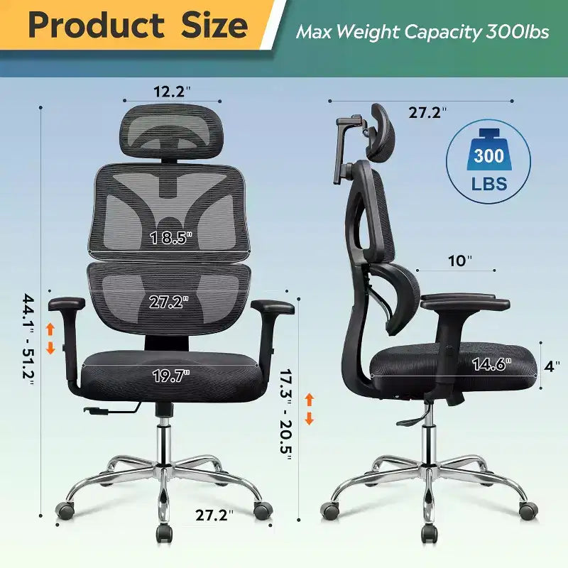 Fauteuil de bureau ergonomique grande taille, chaise de bureau réglable en maille avec support lombaire et accoudoirs, inclinable pour de longues heures