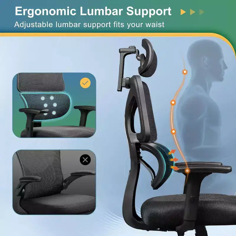 Fauteuil de bureau ergonomique grande taille, chaise de bureau réglable en maille avec support lombaire et accoudoirs, inclinable pour de longues heures
