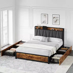 Bed Frame with Storage Linen Upholstered Headboard, 4 Drawers Platform Bed Frame with Charging Station, Vintage Brown