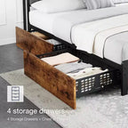 Bed Frame with Storage Linen Upholstered Headboard, 4 Drawers Platform Bed Frame with Charging Station, Vintage Brown