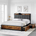 Bed Frame with Storage Linen Upholstered Headboard, 4 Drawers Platform Bed Frame with Charging Station, Vintage Brown