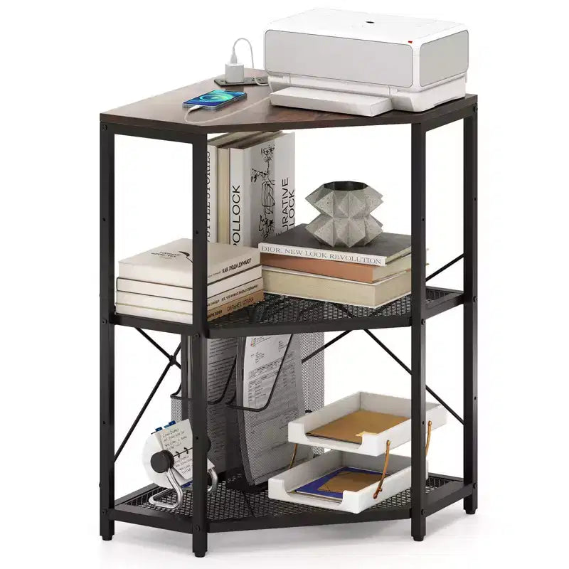 Costway Corner Printer Stand with Charging Station Adjustable Metal Mesh Shelf Black/Brown/White
