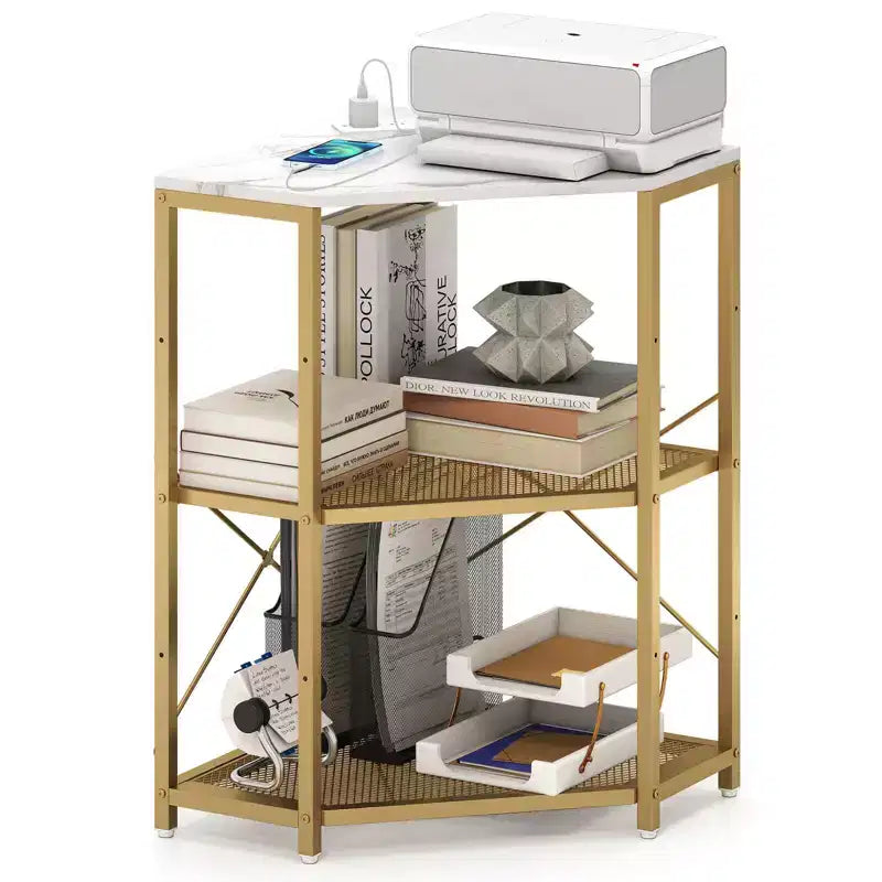 Costway Corner Printer Stand with Charging Station Adjustable Metal Mesh Shelf Black/Brown/White