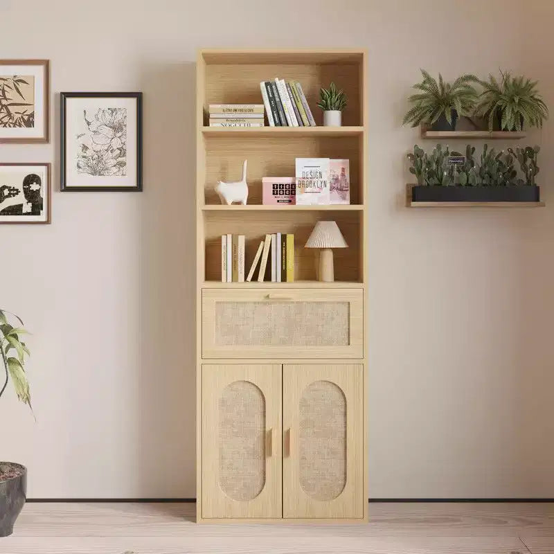 Karl Home Tan Rattan Display Cabinet with 3-layer 1-drawer 2-door 70.86in.H