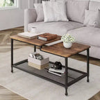 Coffee table, two-tiered rustic center table with grid shelf, industrial style living room table, cocktail table with adjustable feet