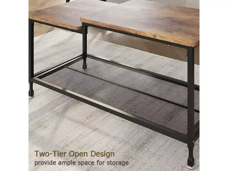 Table basse, table basse rustique à deux niveaux avec étagère grillagée, table de salon de style industriel, table de cocktail avec pieds réglables