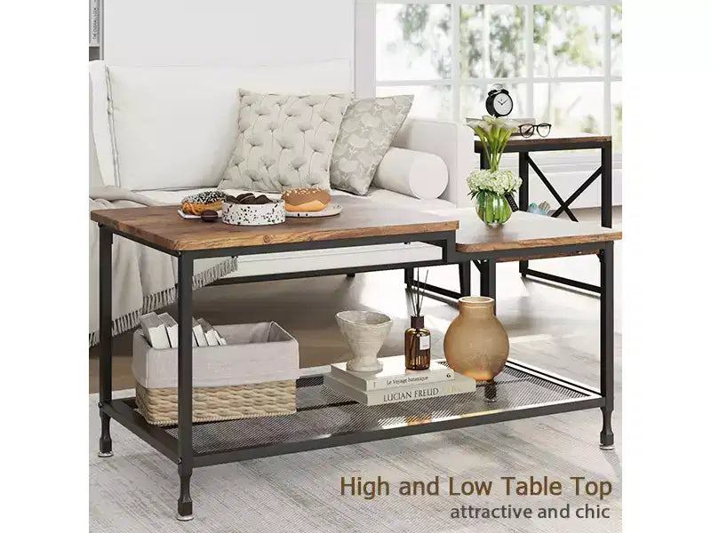 Table basse, table basse rustique à deux niveaux avec étagère grillagée, table de salon de style industriel, table de cocktail avec pieds réglables