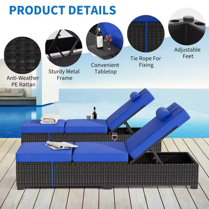 Patio Chaise Lounge Chair, 5-Positions Adjustable Wicker Outdoor Lounge Chairs with Side Table for Poolside, Deck