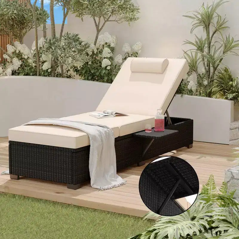 Patio Chaise Lounge Chair, 5-Positions Adjustable Wicker Outdoor Lounge Chairs with Side Table for Poolside, Deck