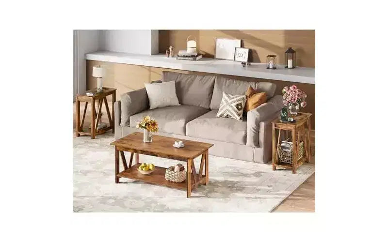DEXYLLO Tables d'appoint pour salon, lot de 2 avec station de charge, tables d'appoint de canapé avec étagère de rangement ouverte, ensembles de tables d'appoint minces de style ferme