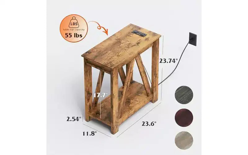 DEXYLLO Tables d'appoint pour salon, lot de 2 avec station de charge, tables d'appoint de canapé avec étagère de rangement ouverte, ensembles de tables d'appoint minces de style ferme