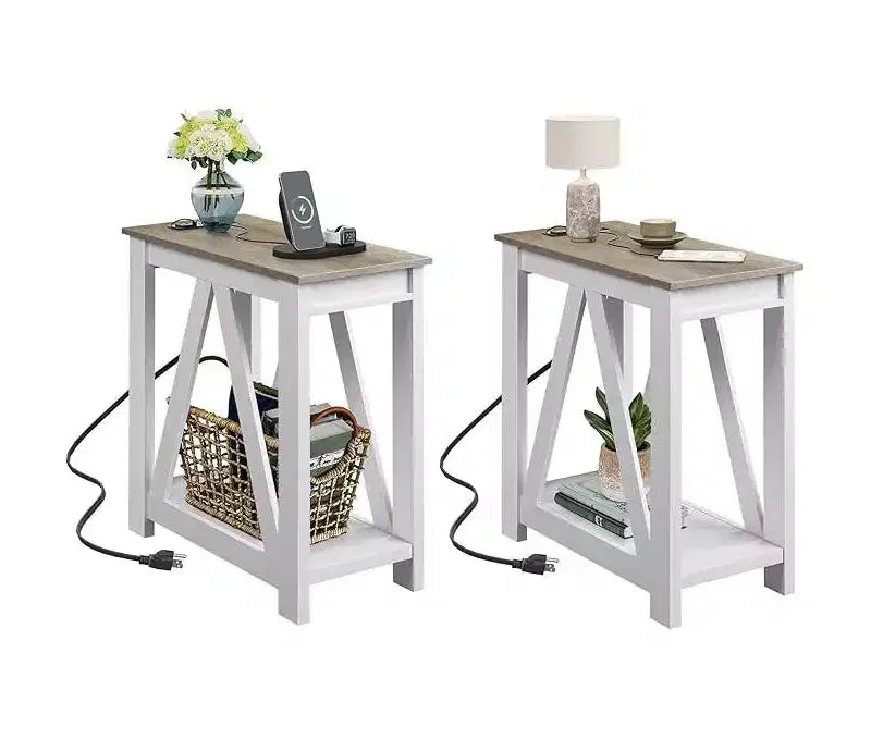 DEXYLLO Tables d'appoint pour salon, lot de 2 avec station de charge, tables d'appoint de canapé avec étagère de rangement ouverte, ensembles de tables d'appoint minces de style ferme
