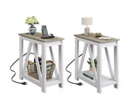 DEXYLLO Tables d'appoint pour salon, lot de 2 avec station de charge, tables d'appoint de canapé avec étagère de rangement ouverte, ensembles de tables d'appoint minces de style ferme