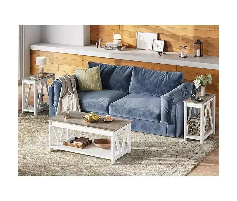 DEXYLLO Tables d'appoint pour salon, lot de 2 avec station de charge, tables d'appoint de canapé avec étagère de rangement ouverte, ensembles de tables d'appoint minces de style ferme