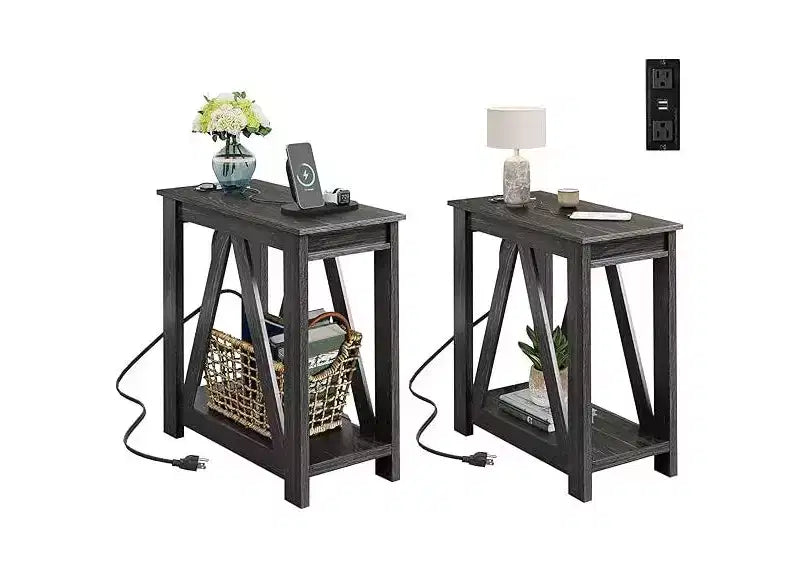 DEXYLLO End Tables Living Room Set of 2 with Charging Station, Sofa Side Tables with Open Storage Shelf, Slim Farmhouse End Table Sets